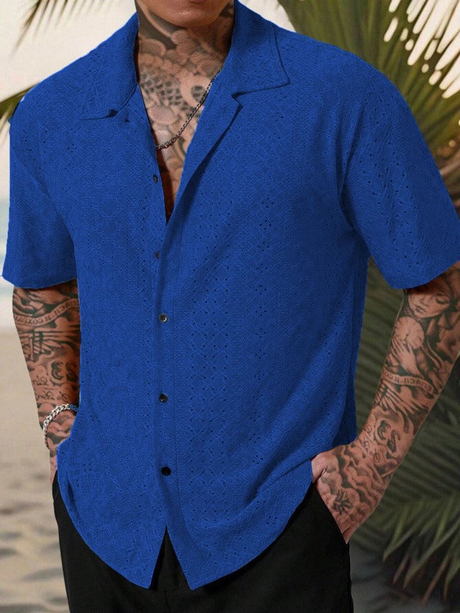 Men's Camp Collar Short Sleeve Eyelet Button-Up Polo Shirt - Blue