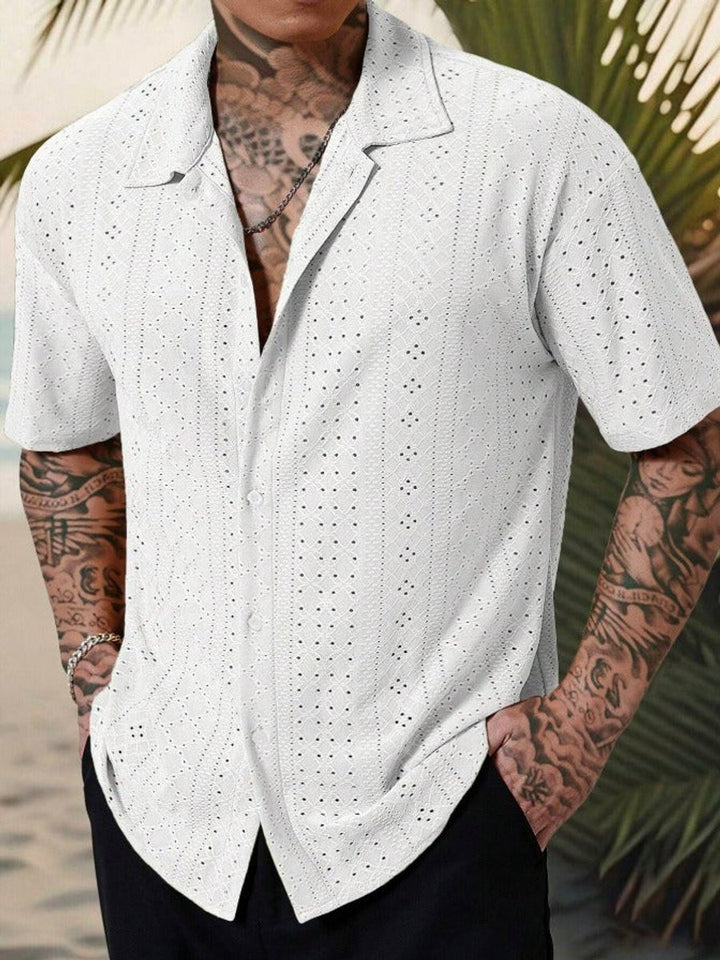 Men's Camp Collar Short Sleeve Eyelet Button-Up Polo Shirt - White