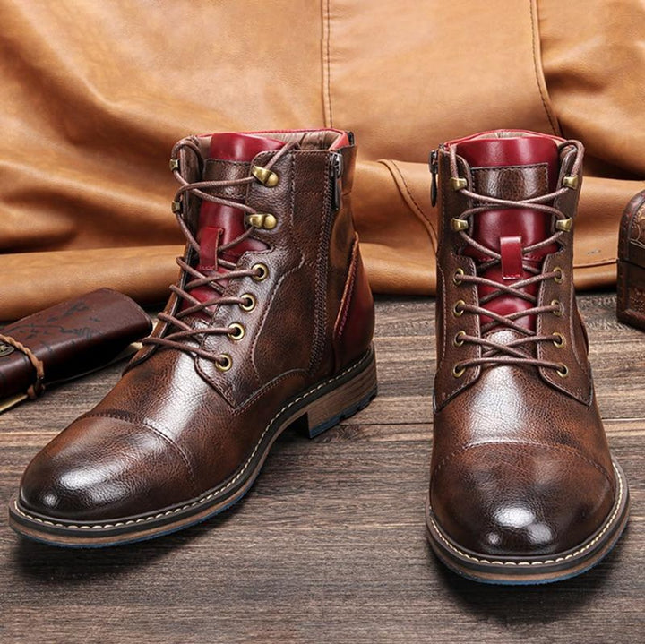 Men's Cap-Toe Lace-Up Side-Zip Leather Ankle Boots