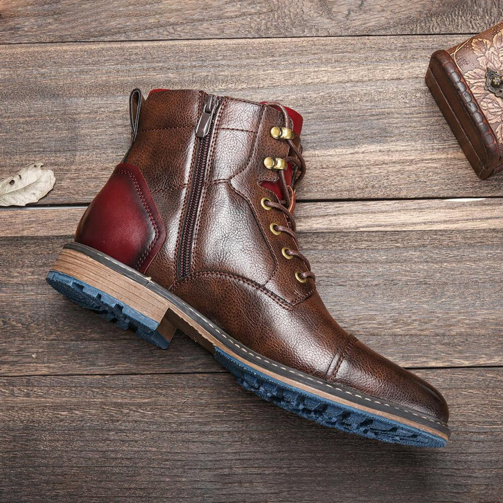 Men's Cap-Toe Lace-Up Side-Zip Leather Ankle Boots