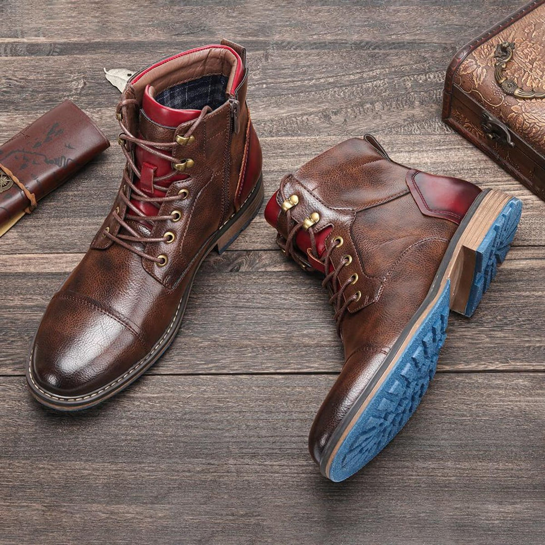 Men's Cap-Toe Lace-Up Side-Zip Leather Ankle Boots