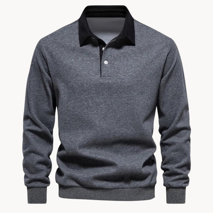 Men's Casual Contrast-Collar Long-Sleeve Polo Sweatshirt