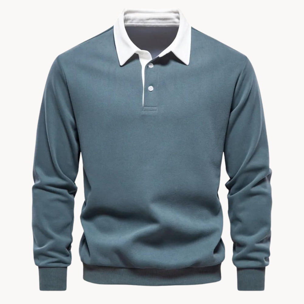 Men's Casual Contrast-Collar Long-Sleeve Polo Sweatshirt