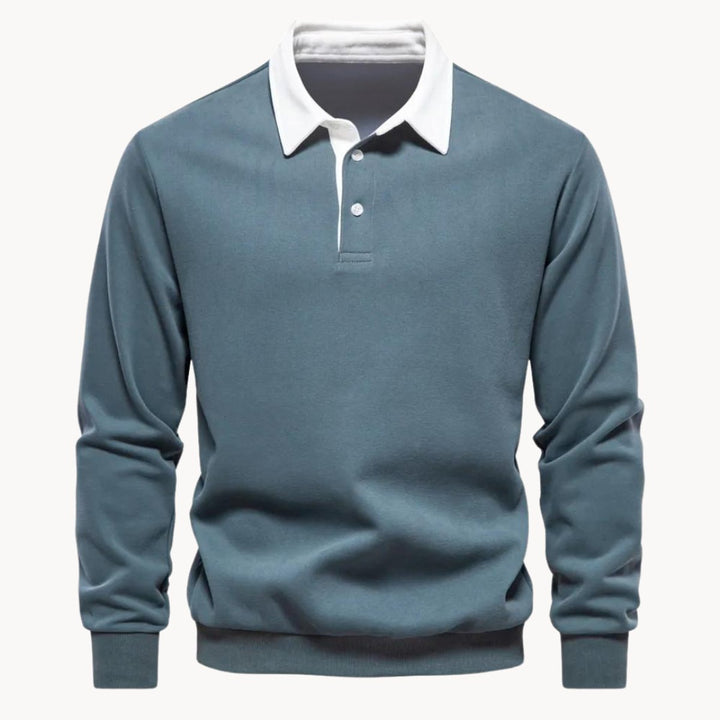 Men's Casual Contrast-Collar Long-Sleeve Polo Sweatshirt