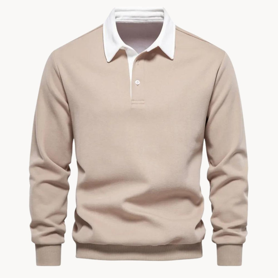 Men's Casual Contrast-Collar Long-Sleeve Polo Sweatshirt