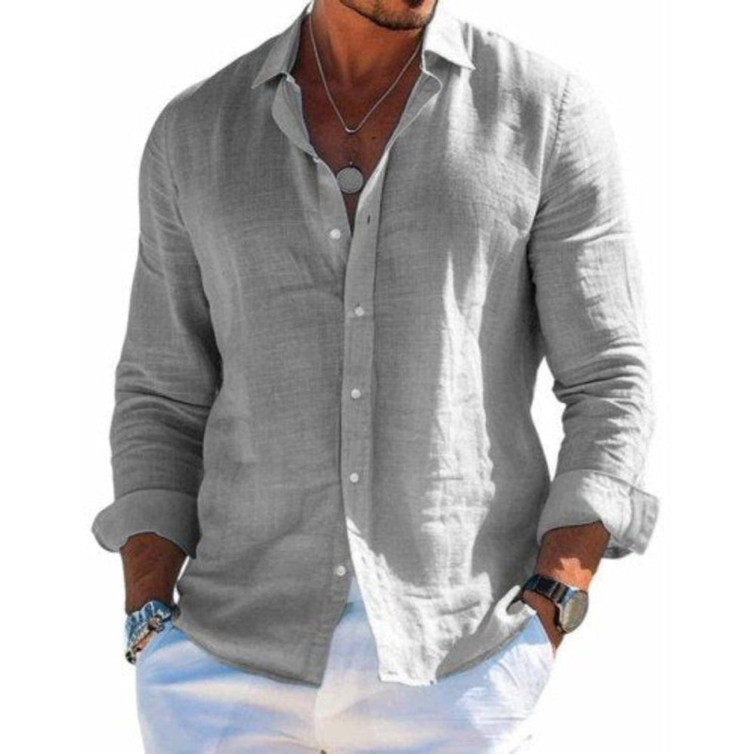 Men's Casual Long-Sleeve Button-Down Linen Polo Shirt - Gray