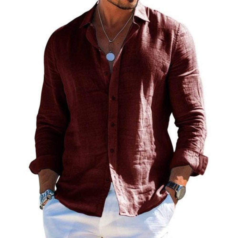 Men's Casual Long-Sleeve Button-Down Linen Polo Shirt - Brown