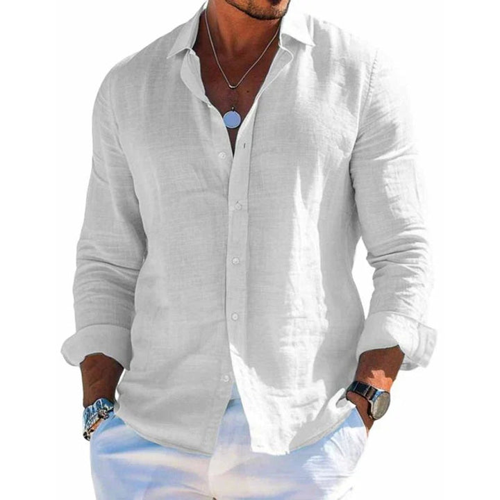 Men's Casual Long-Sleeve Button-Down Linen Polo Shirt - White