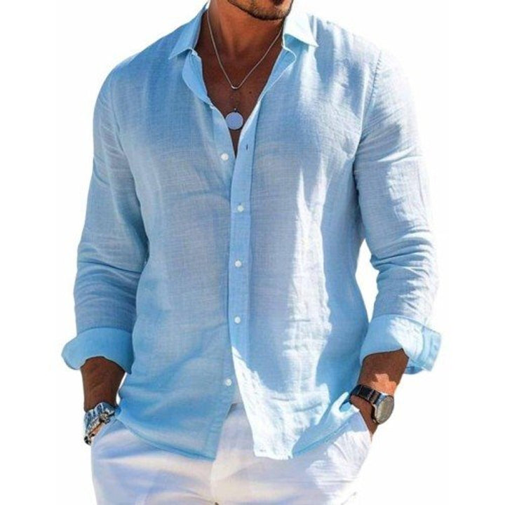 Men's Casual Long-Sleeve Button-Down Linen Polo Shirt - Blue