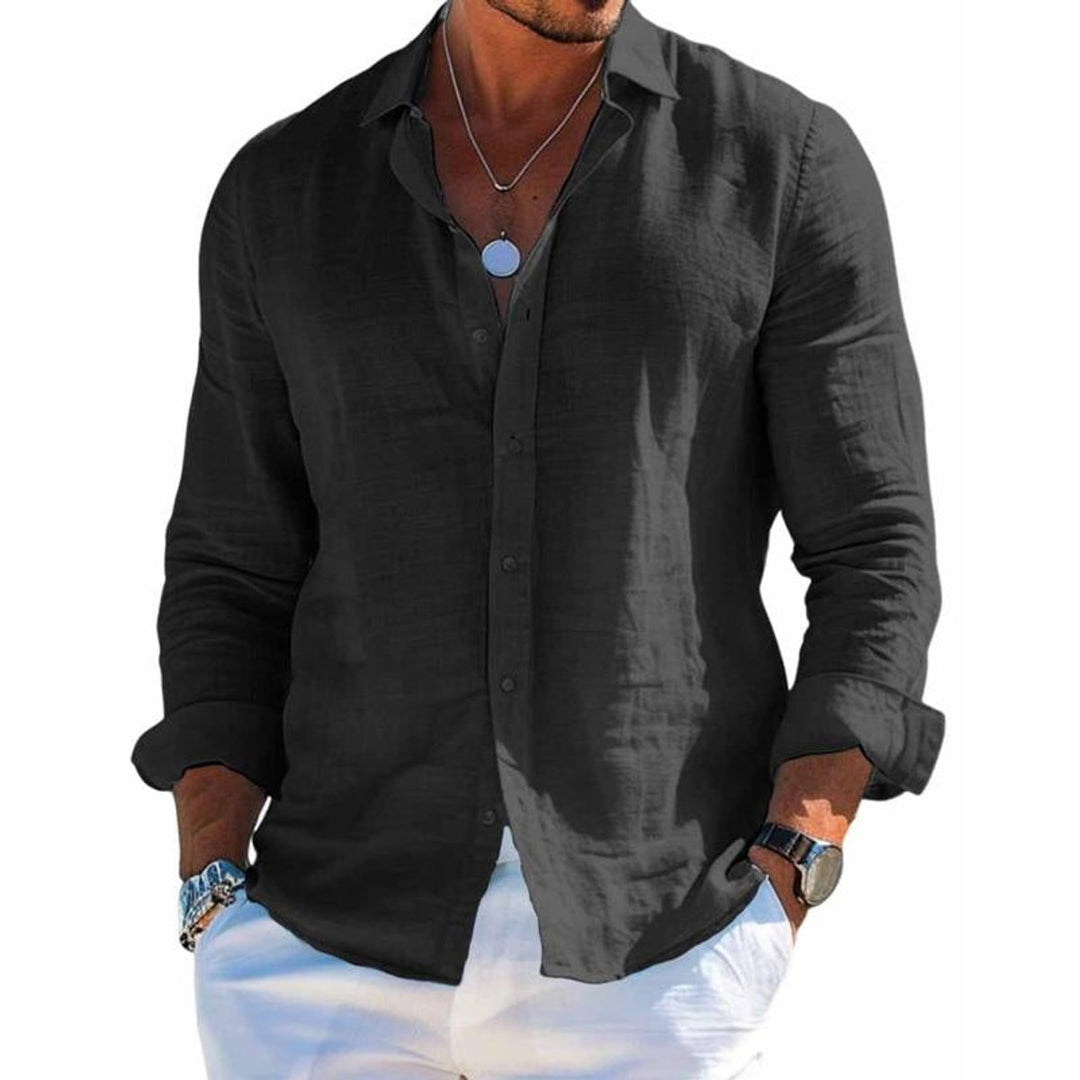 Men's Casual Long-Sleeve Button-Down Linen Polo Shirt - Black
