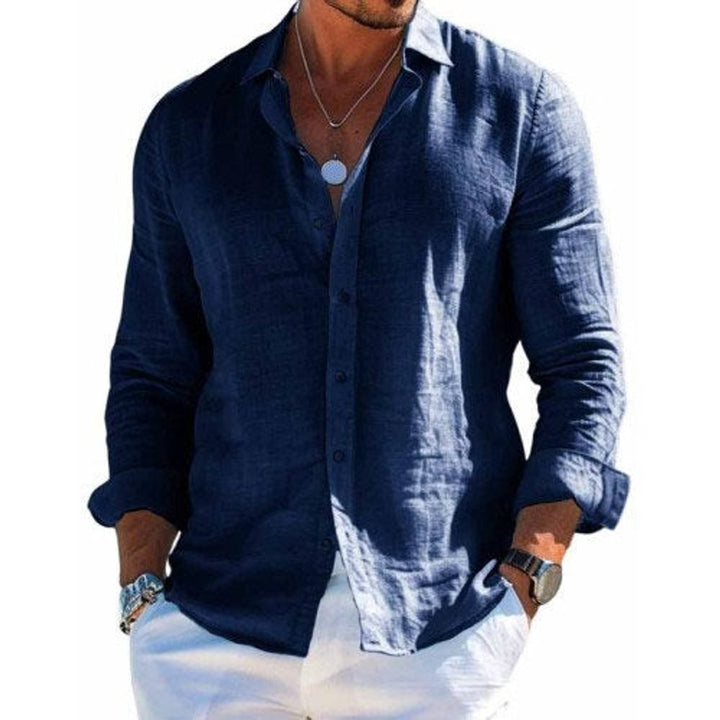 Men's Casual Long-Sleeve Button-Down Linen Polo Shirt - Navy Blue