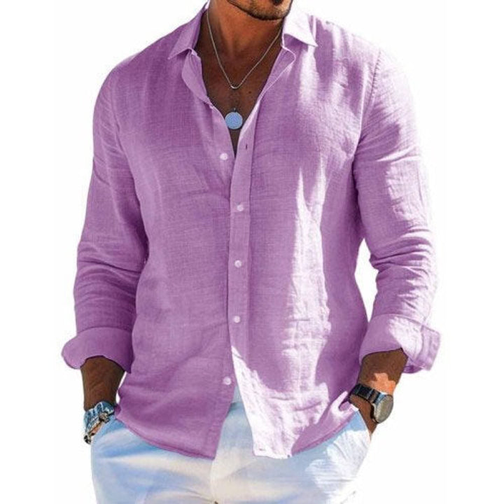 Men's Casual Long-Sleeve Button-Down Linen Polo Shirt - Purple