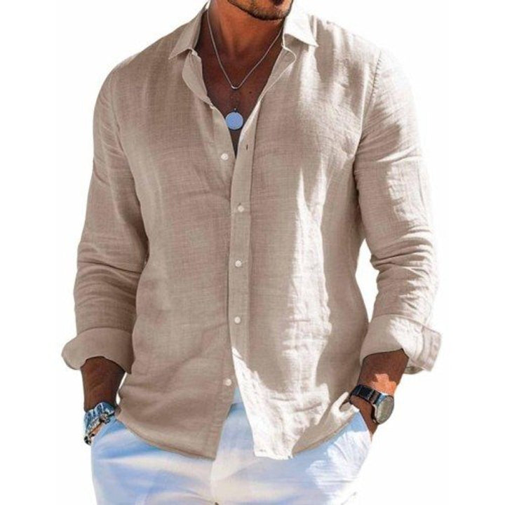Men's Casual Long-Sleeve Button-Down Linen Polo Shirt - Khaki