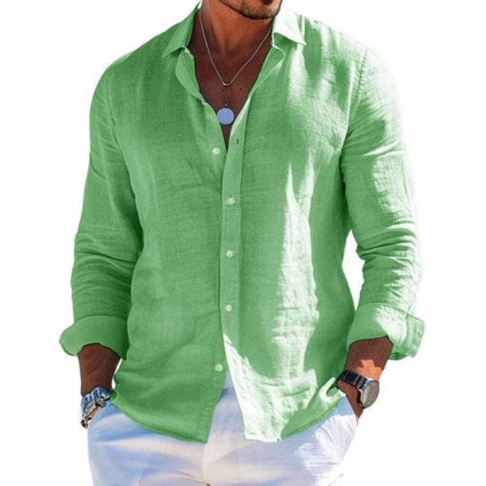 Men's Casual Long-Sleeve Button-Down Linen Polo Shirt - Light Green