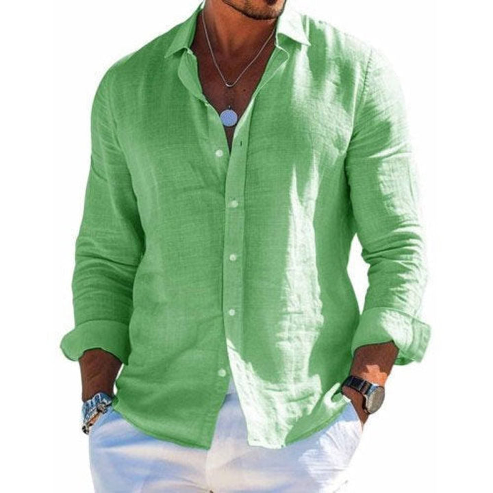 Men's Casual Long-Sleeve Button-Down Linen Polo Shirt - Light Green