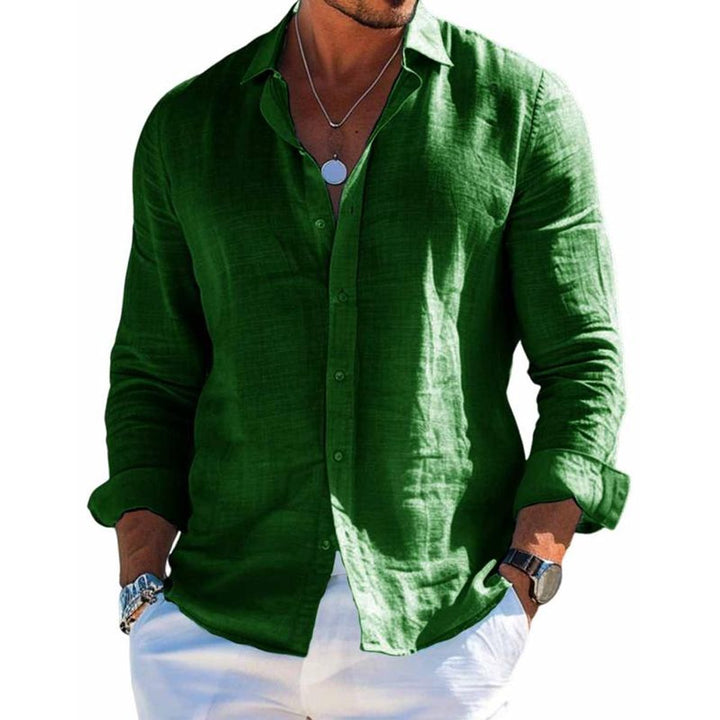 Men's Casual Long-Sleeve Button-Down Linen Polo Shirt - Green