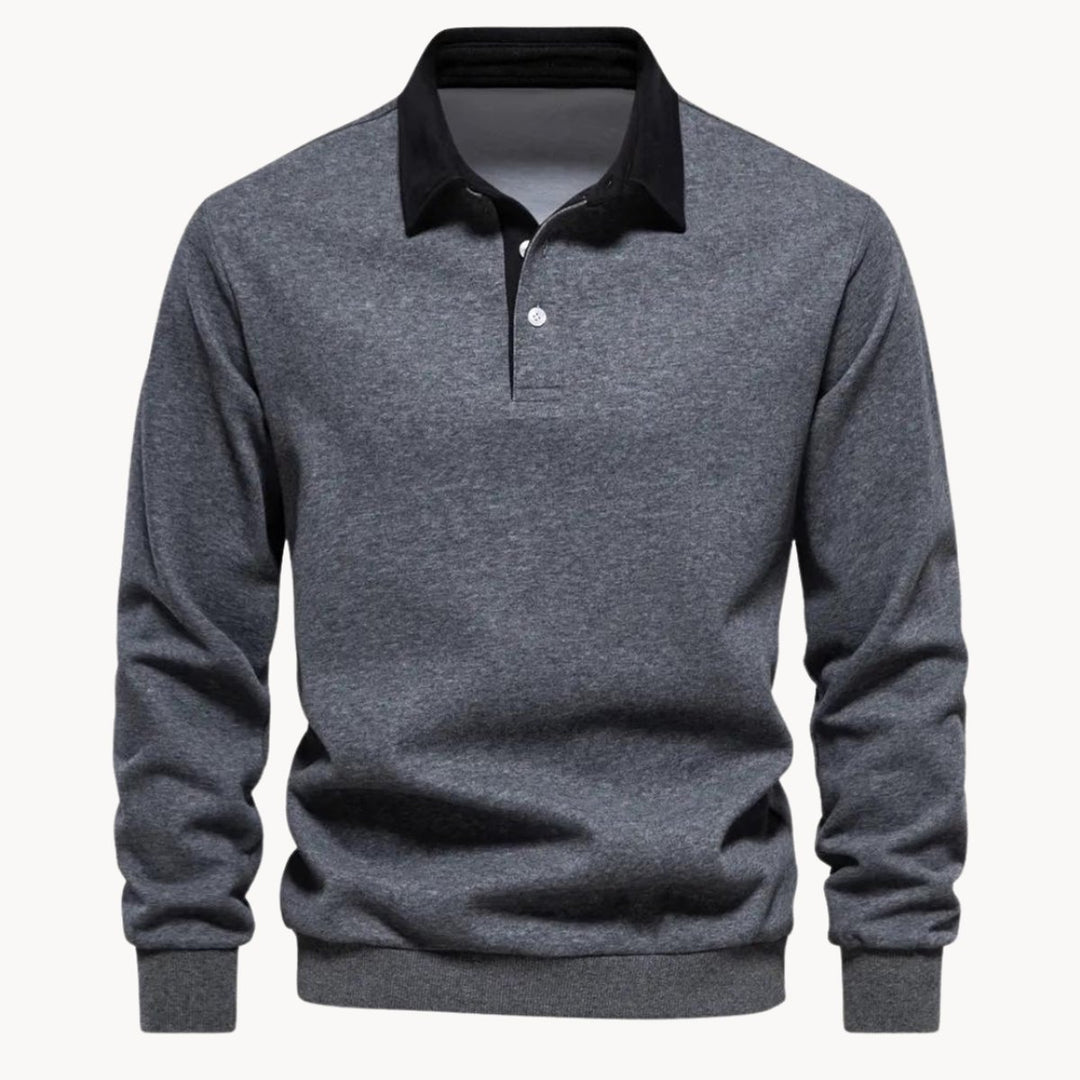 Men's Casual Long-Sleeve Polo Shirt Contrasting Collar Sweatshirt - Gray