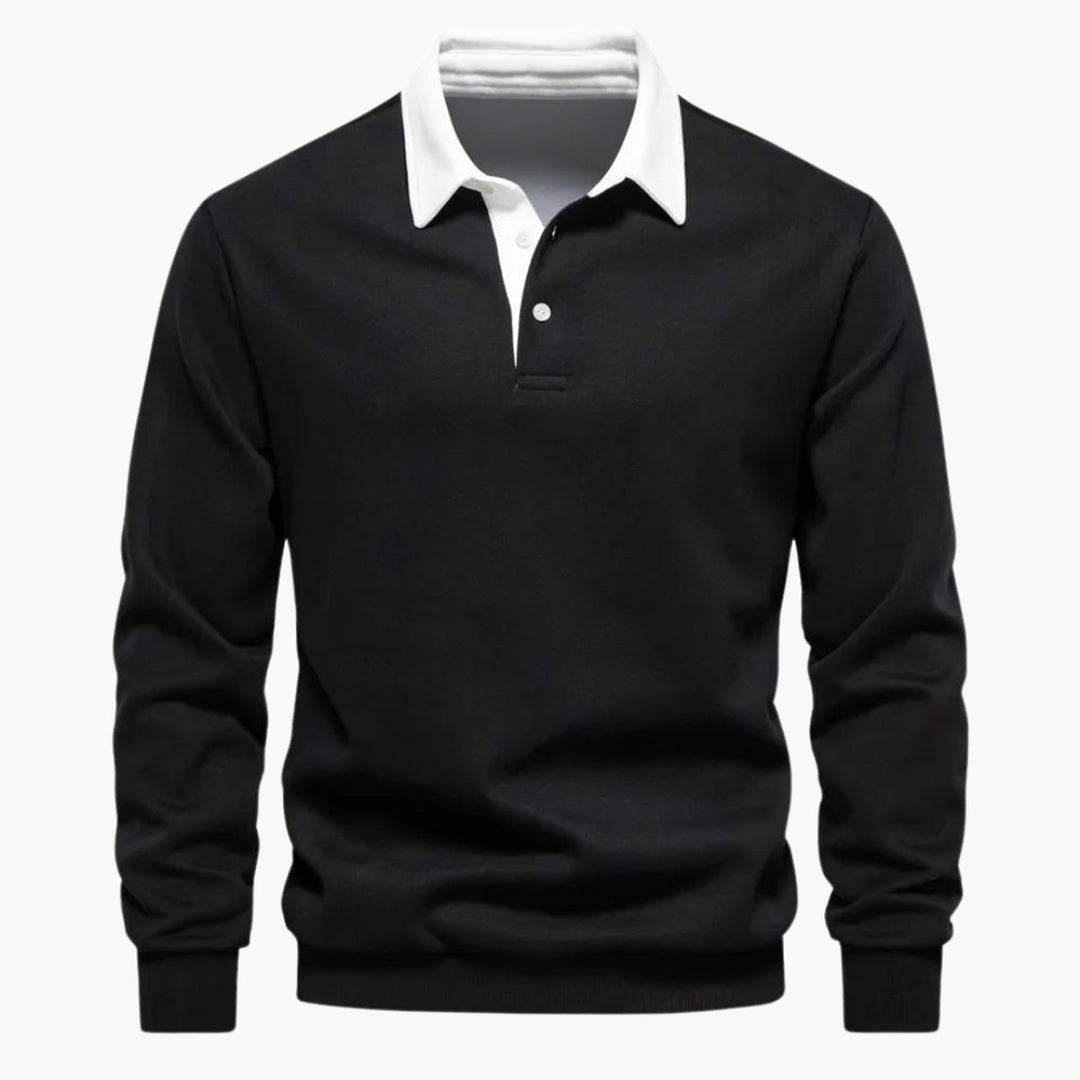 Men's Casual Long-Sleeve Polo Shirt Contrasting Collar Sweatshirt - Black