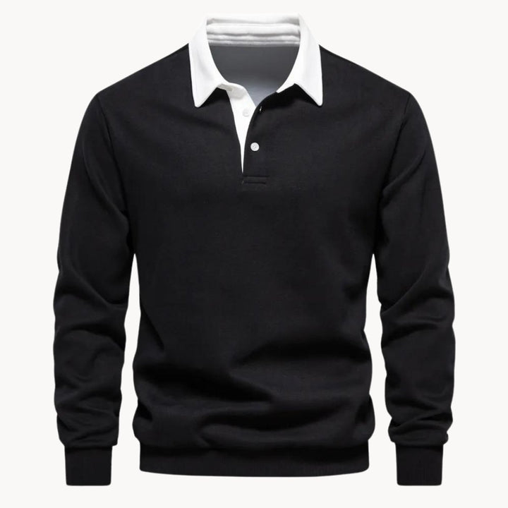 Men's Casual Long-Sleeve Polo Shirt Contrasting Collar Sweatshirt - Black