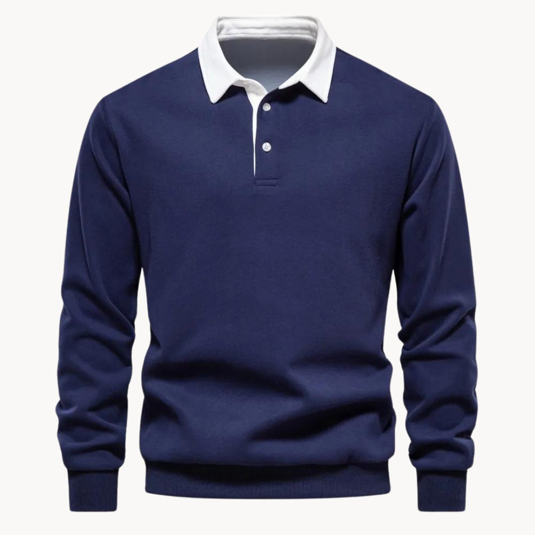 Men's Casual Long-Sleeve Polo Shirt Contrasting Collar Sweatshirt - Navy