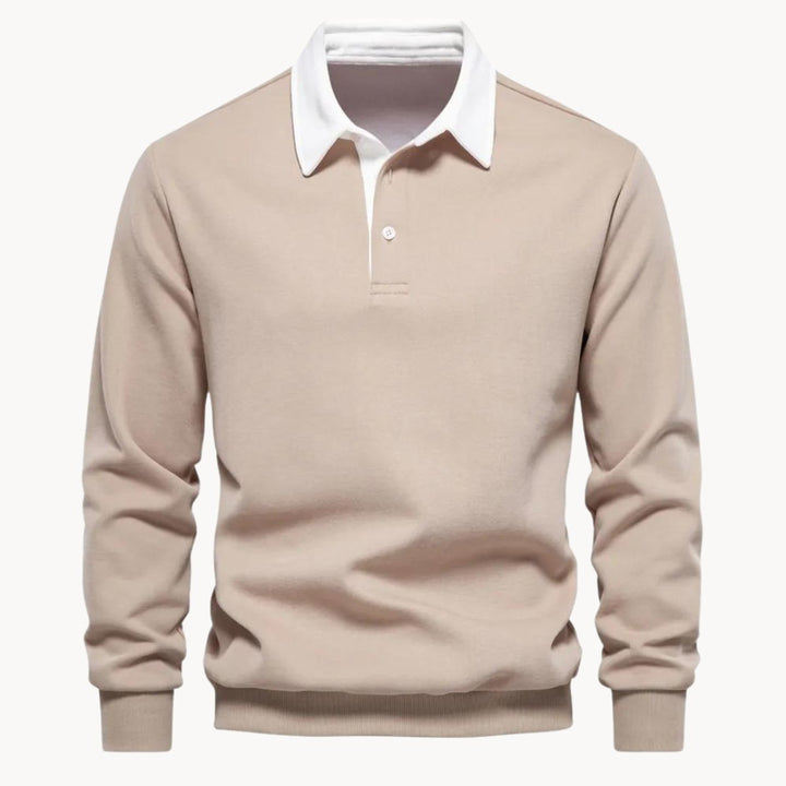 Men's Casual Long-Sleeve Polo Shirt Contrasting Collar Sweatshirt - Khaki