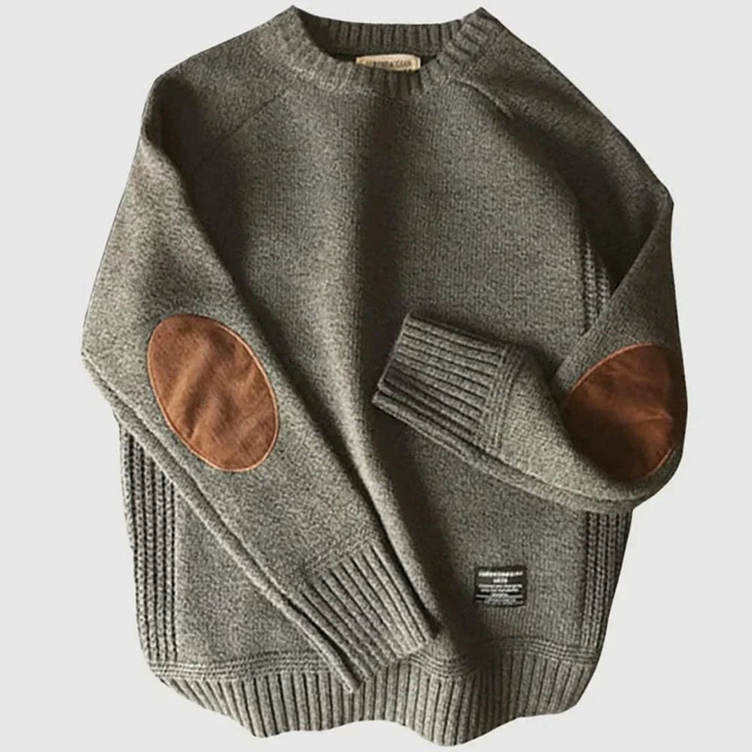 Men's Classic Elbow-Patch Crewneck Knit Pullover Sweater