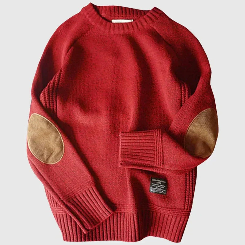 Men's Classic Elbow-Patch Crewneck Knit Pullover Sweater
