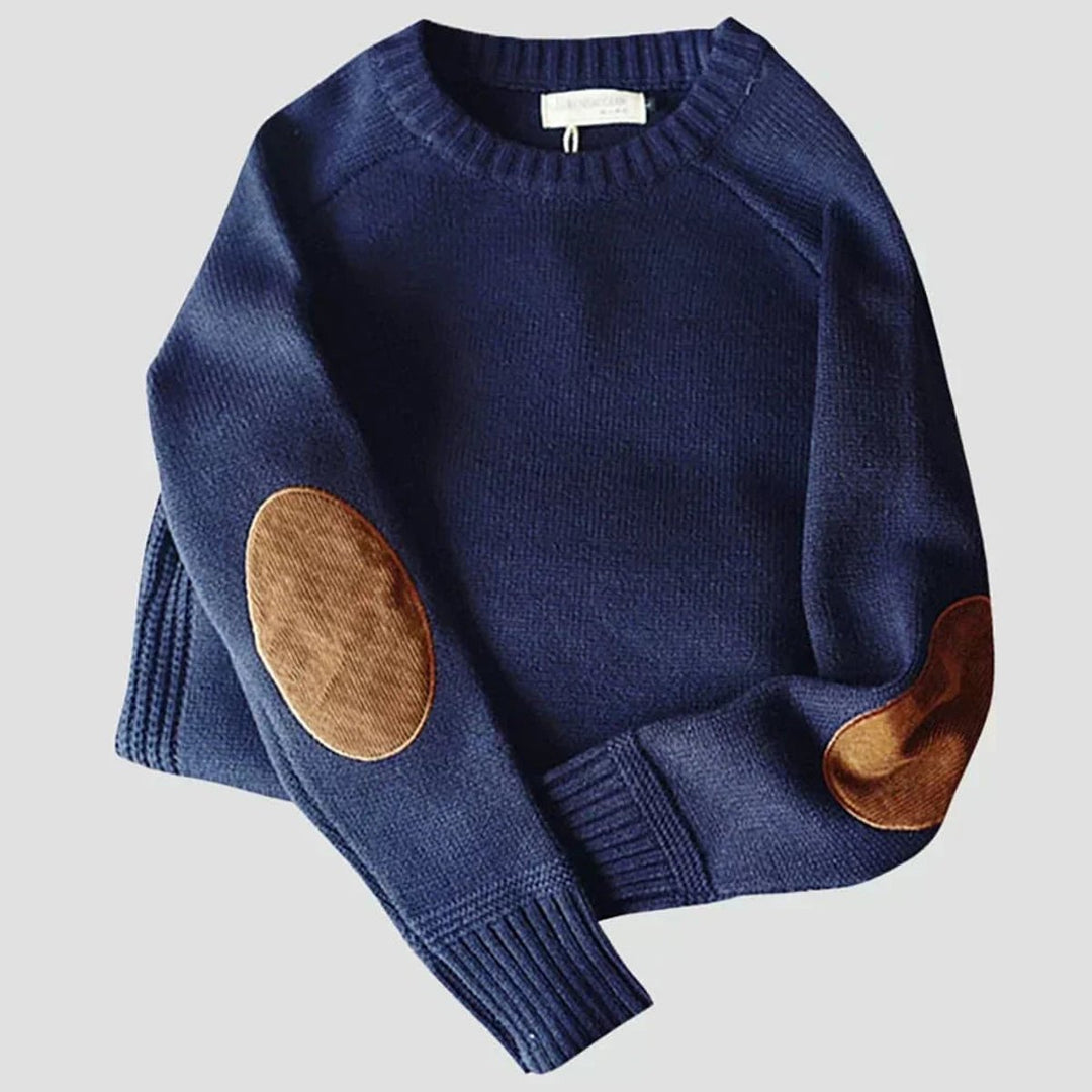 Men's Classic Elbow-Patch Crewneck Knit Pullover Sweater