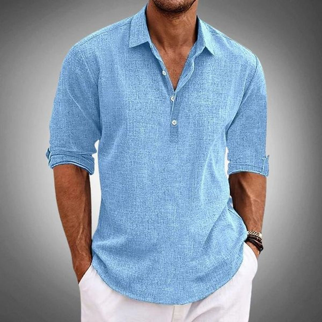 Men's Classic-Fit Linen-Look Long-Sleeve Polo Shirt - Light Blue