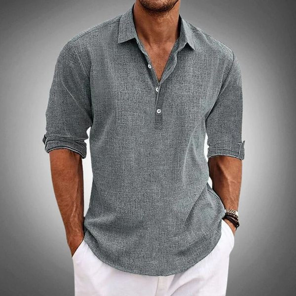 Men's Classic-Fit Linen-Look Long-Sleeve Polo Shirt - Gray