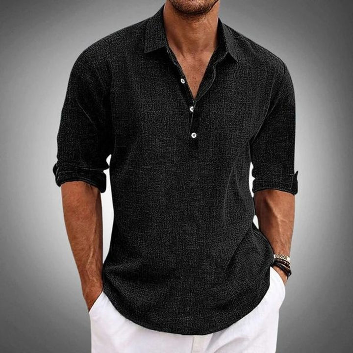 Men's Classic-Fit Linen-Look Long-Sleeve Polo Shirt - Black