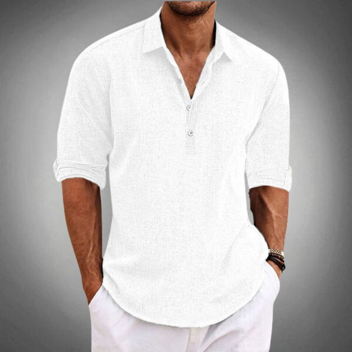 Men's Classic-Fit Linen-Look Long-Sleeve Polo Shirt - White