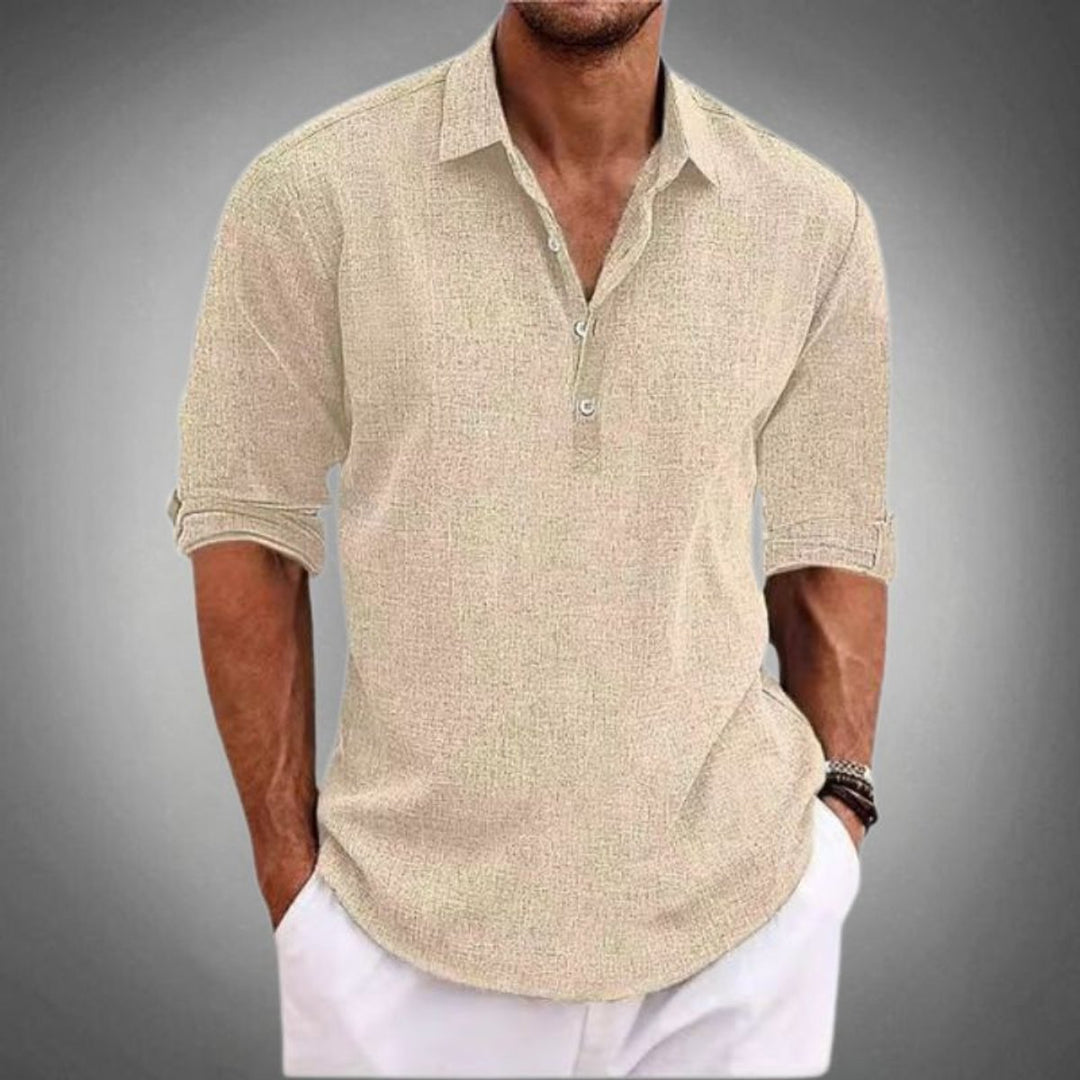 Men's Classic-Fit Linen-Look Long-Sleeve Polo Shirt - Beige