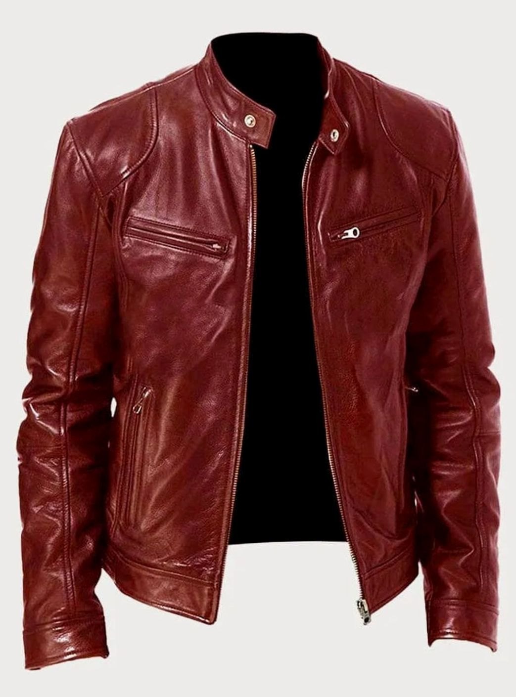 Men's Classic Moto Style Jacket Slim-Fit Zip-Up Leather Biker - Red
