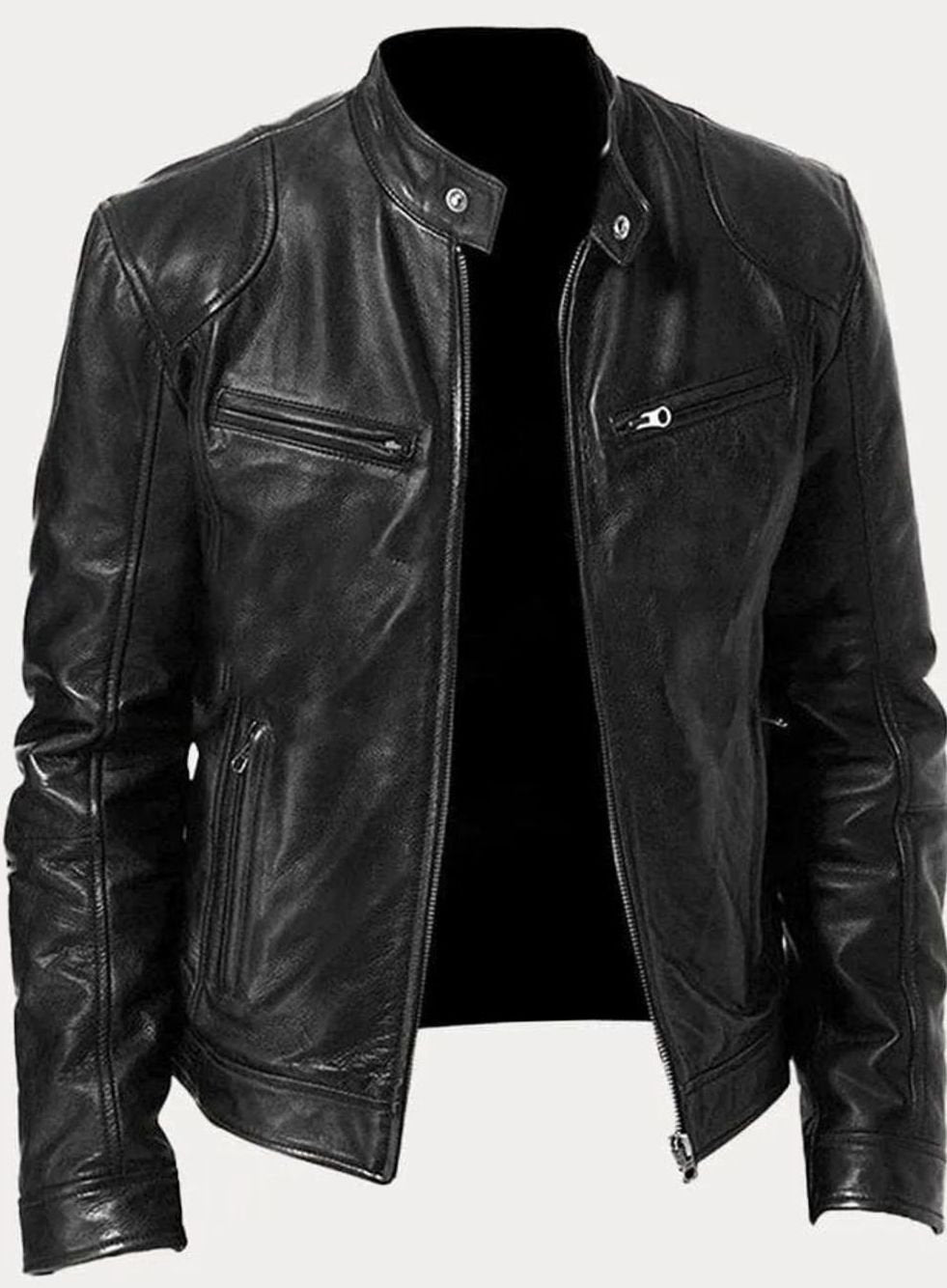 Men's Classic Moto Style Jacket Slim-Fit Zip-Up Leather Biker - Black