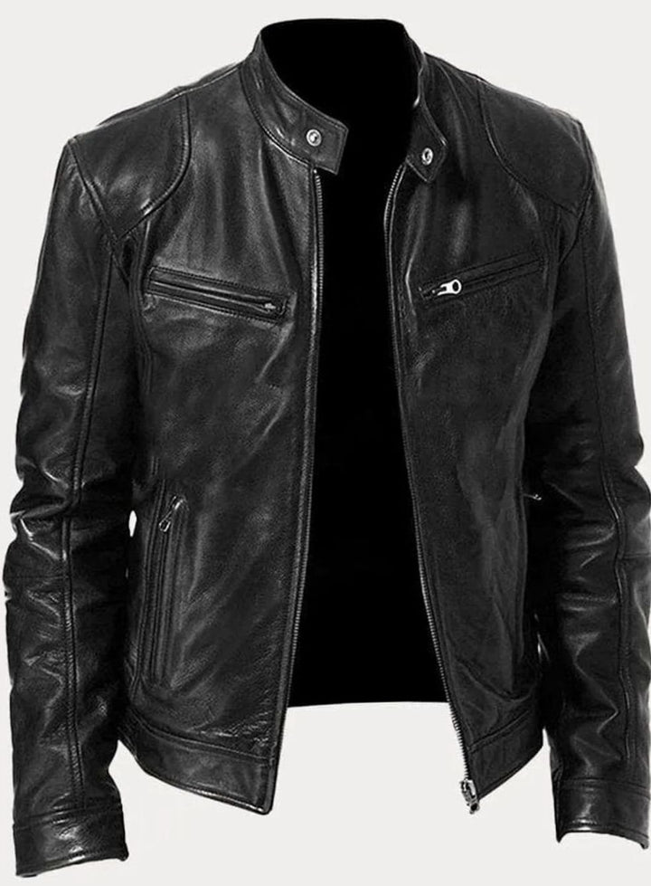 Men's Classic Moto Style Jacket Slim-Fit Zip-Up Leather Biker - Black