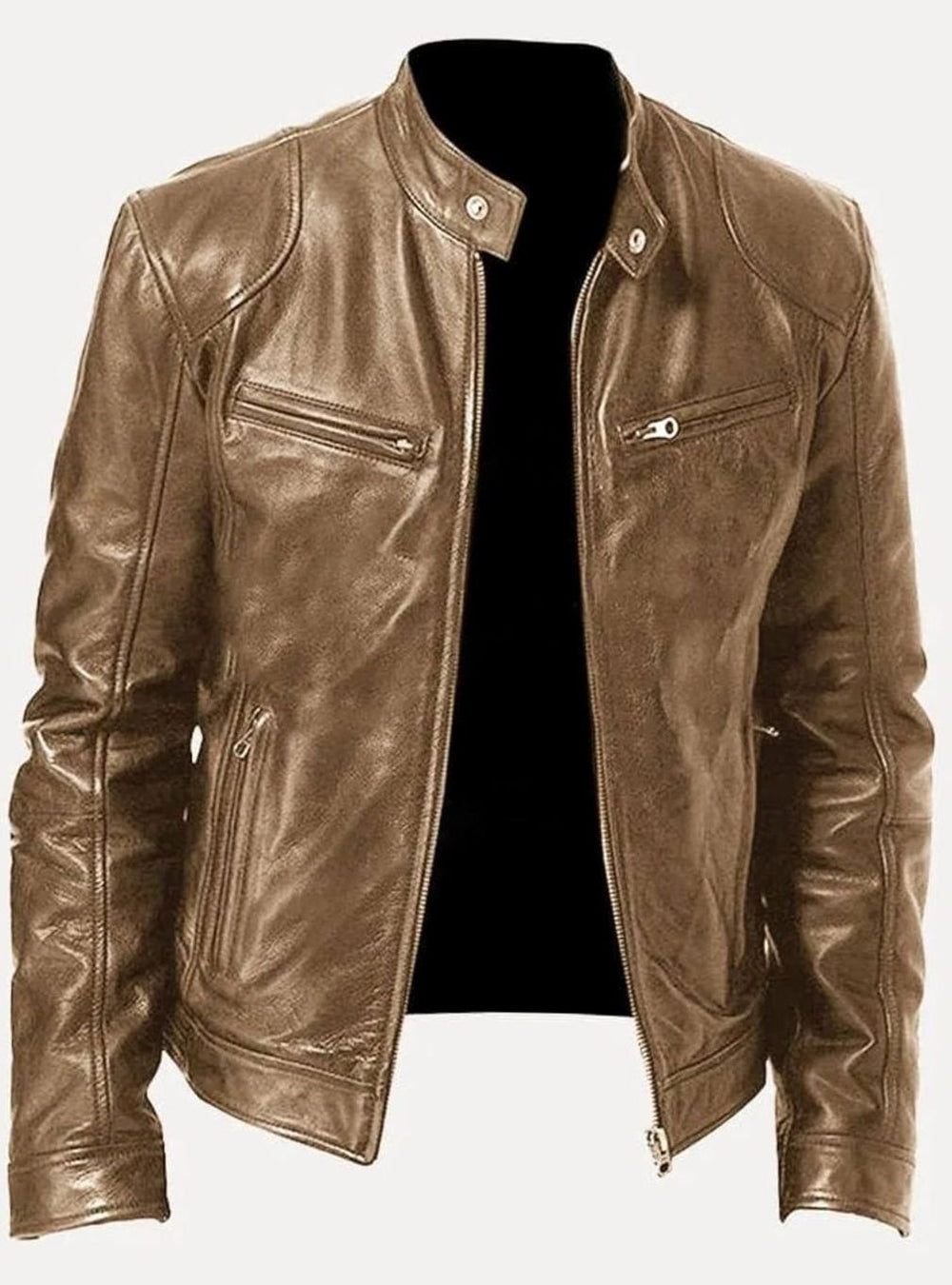 Men's Classic Moto Style Jacket Slim-Fit Zip-Up Leather Biker - Beige