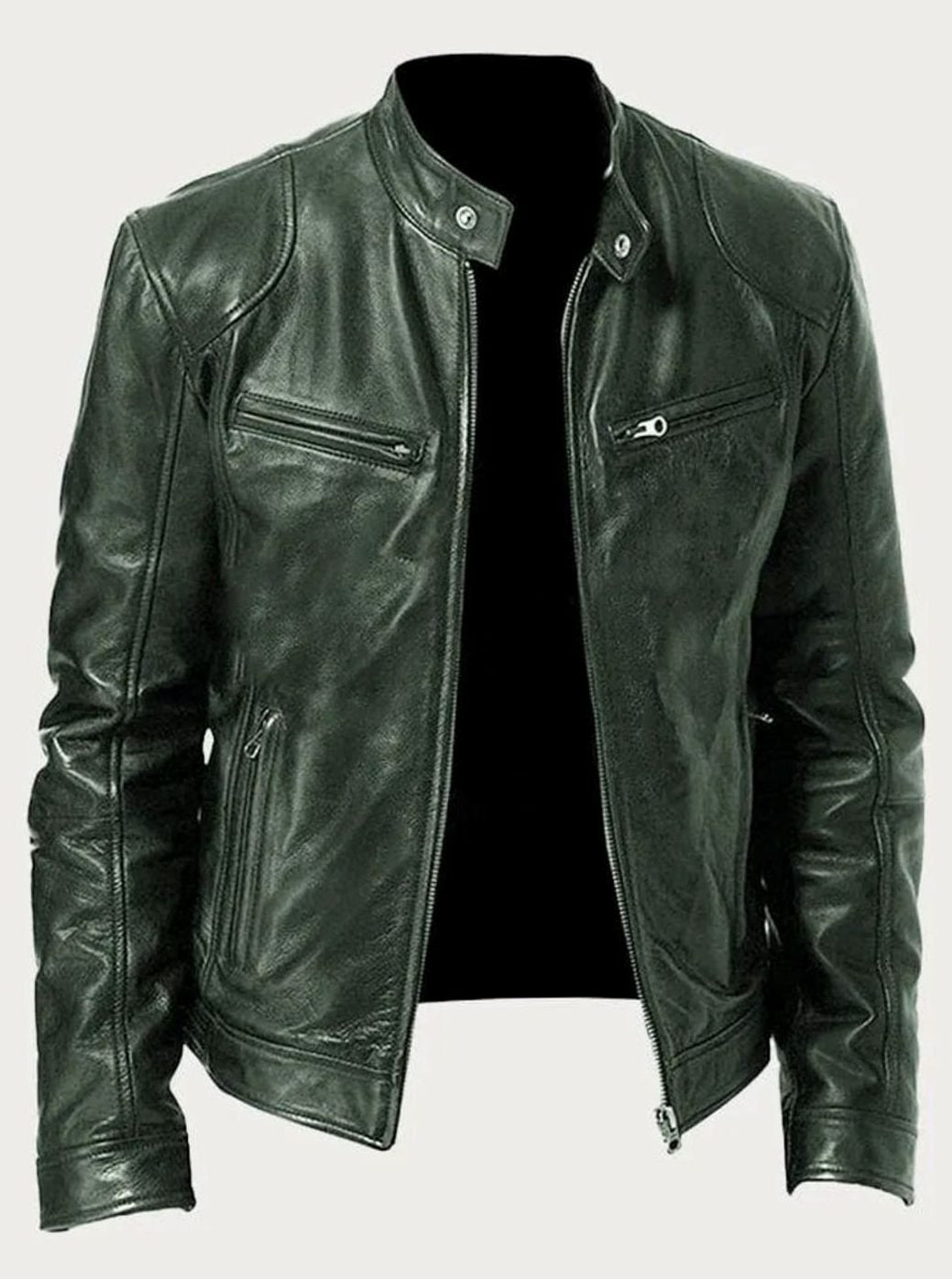 Men's Classic Moto Style Jacket Slim-Fit Zip-Up Leather Biker - Green