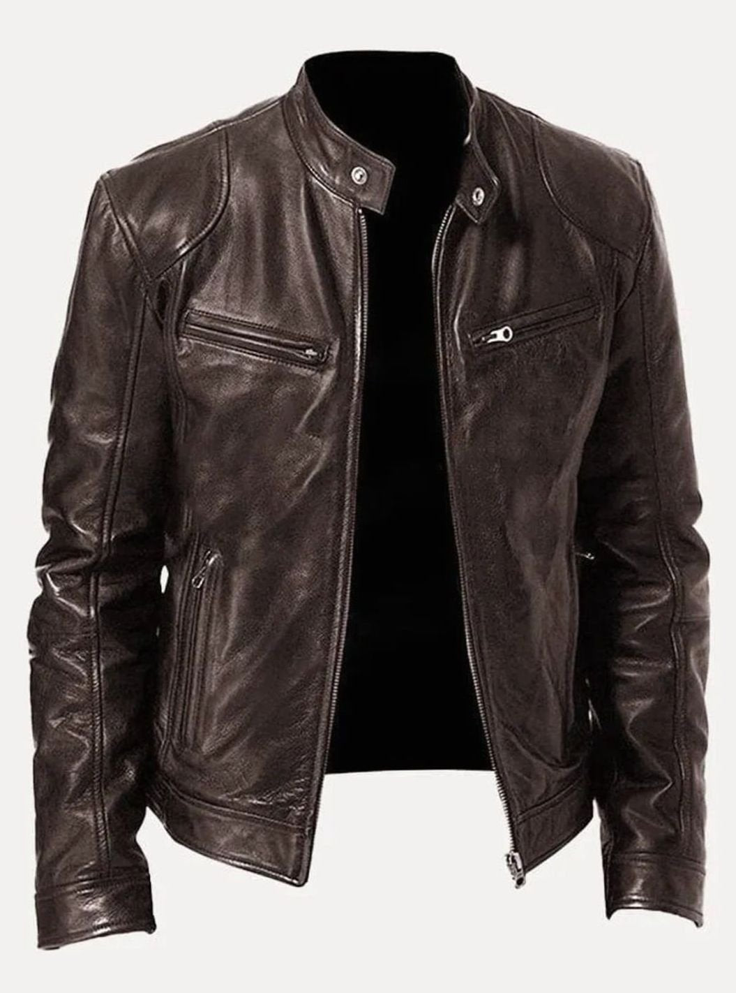 Men's Classic Moto Style Jacket Slim-Fit Zip-Up Leather Biker - Brown