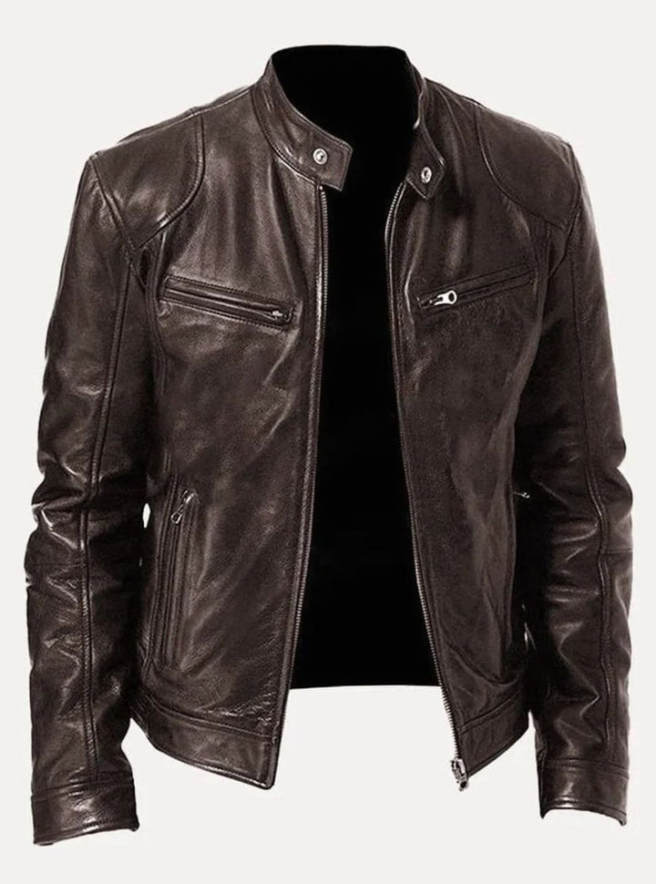 Men's Classic Moto Style Jacket Slim-Fit Zip-Up Leather Biker - Brown