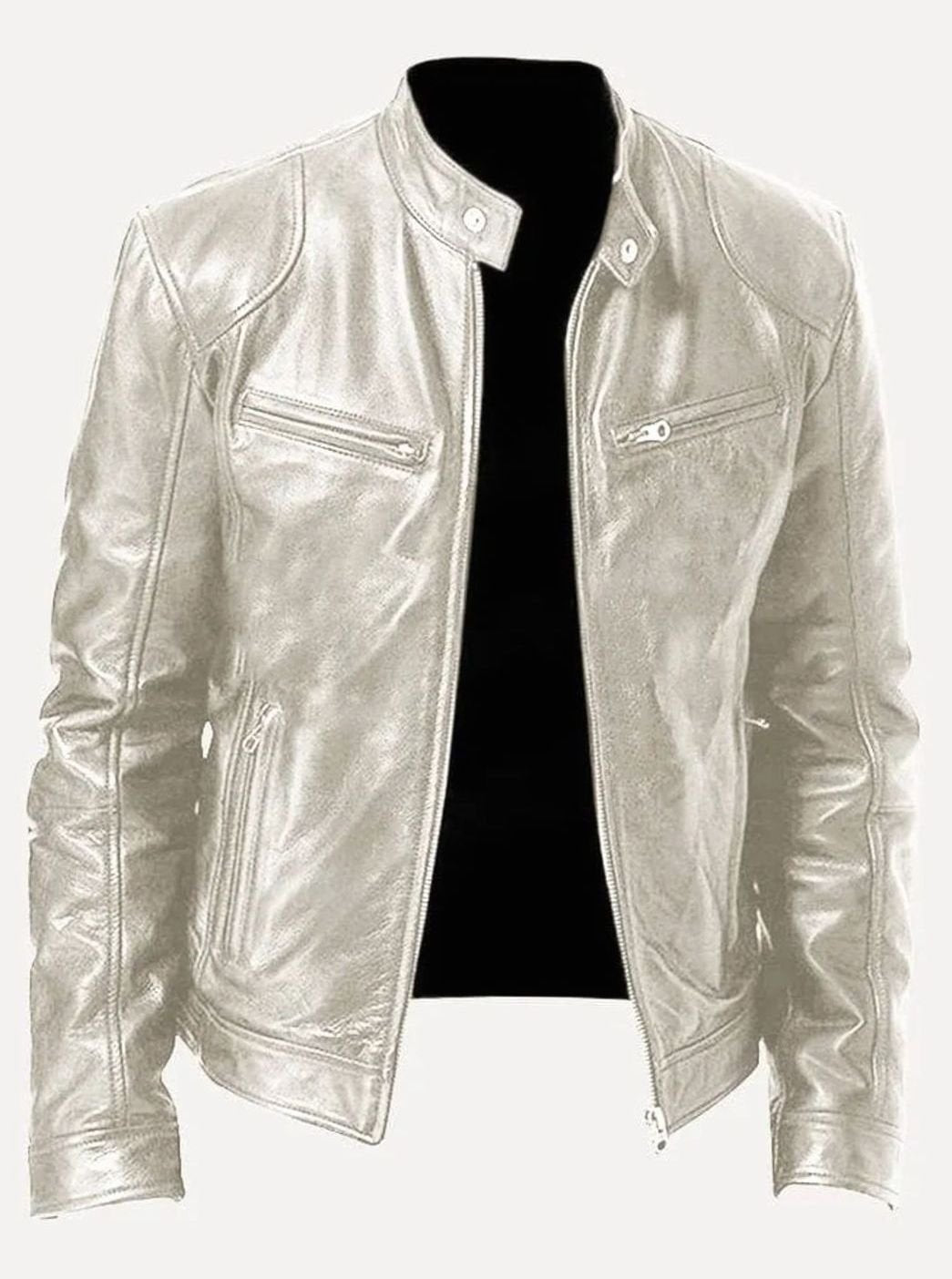 Men's Classic Moto Style Jacket Slim-Fit Zip-Up Leather Biker - Silver