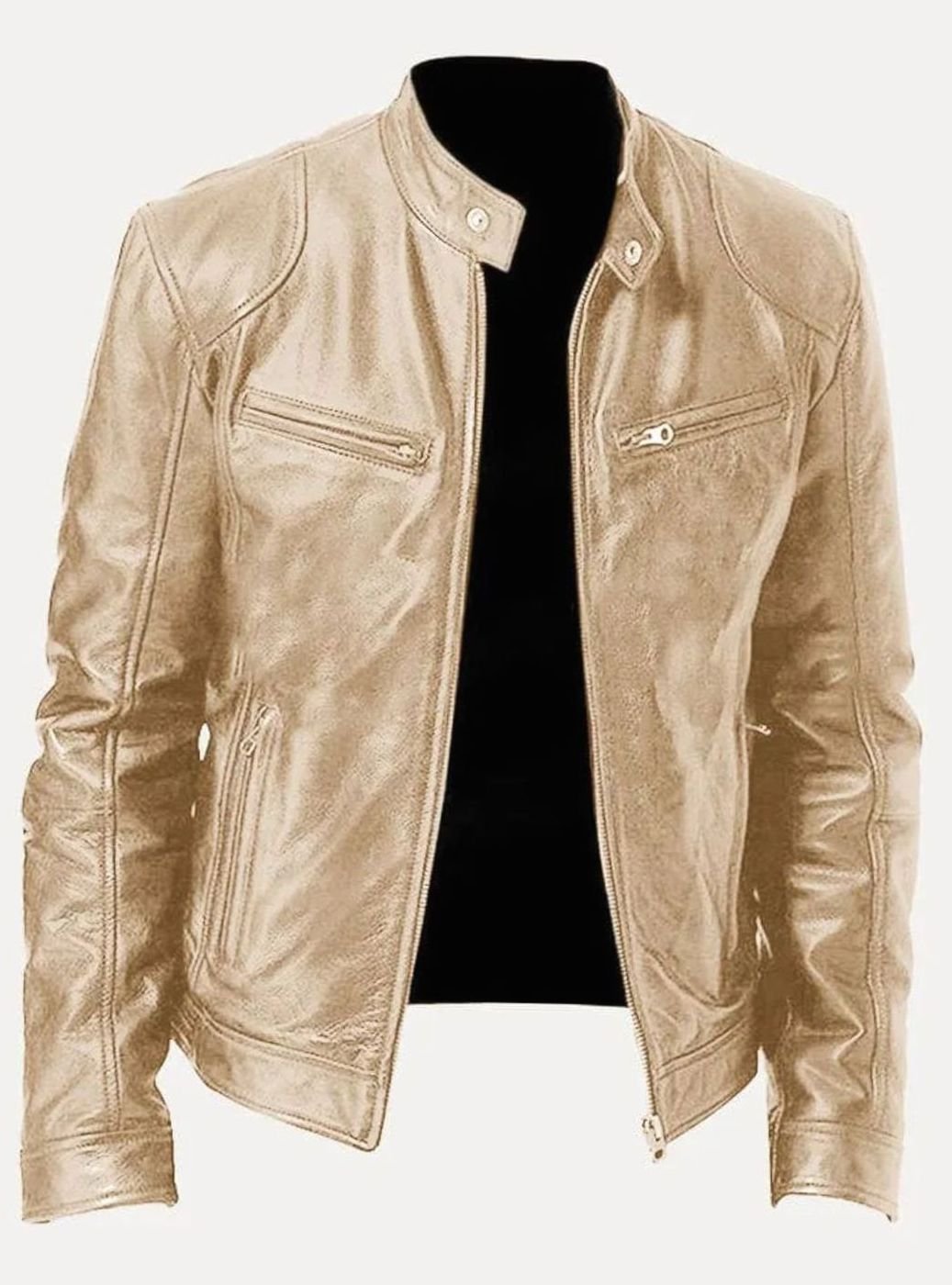 Men's Classic Moto Style Jacket Slim-Fit Zip-Up Leather Biker - Gold