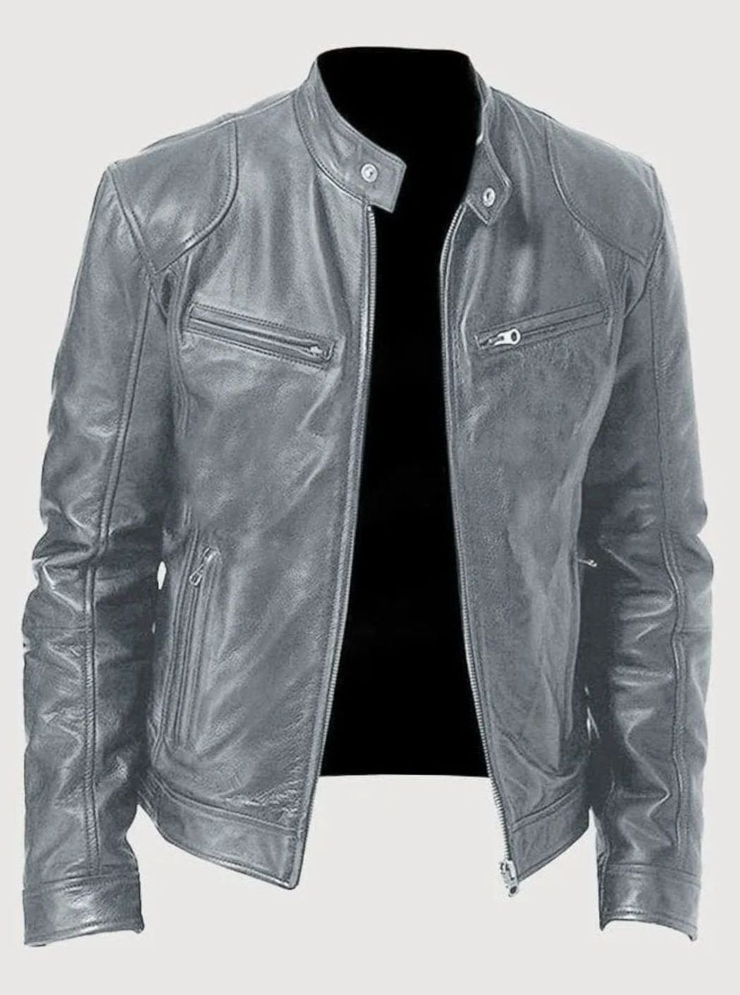 Men's Classic Moto Style Jacket Slim-Fit Zip-Up Leather Biker - Gray
