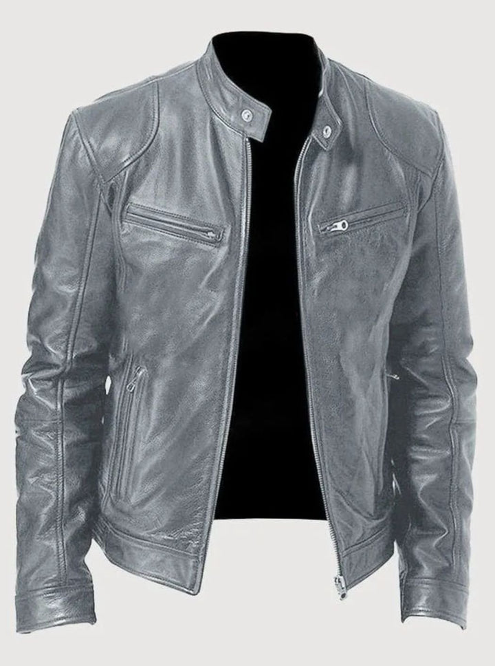 Men's Classic Moto Style Jacket Slim-Fit Zip-Up Leather Biker - Gray