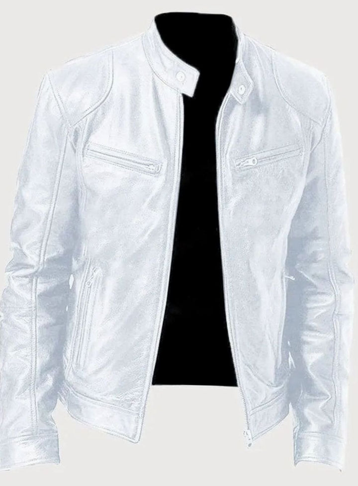Men's Classic Moto Style Jacket Slim-Fit Zip-Up Leather Biker - White