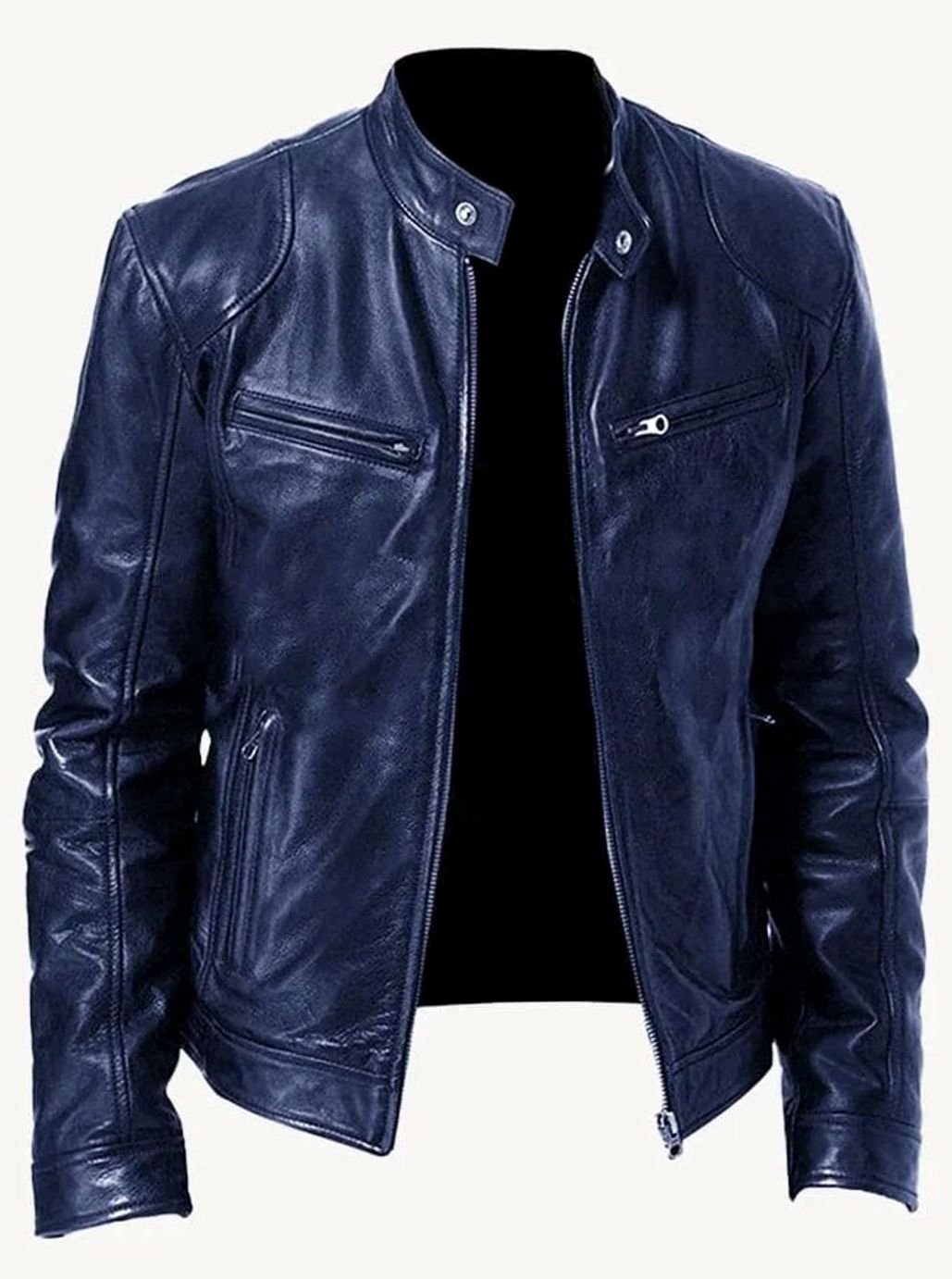 Men's Classic Moto Style Jacket Slim-Fit Zip-Up Leather Biker - Navy