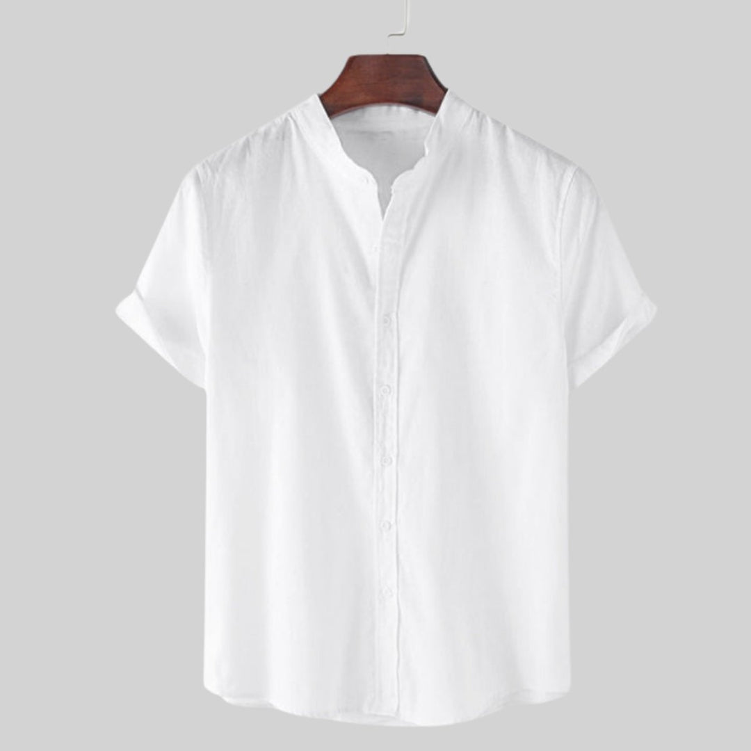 Men's Cotton Band-Collar Short-Sleeve Button-Up Shirt