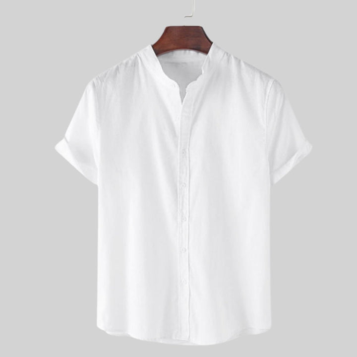 Men's Cotton Band-Collar Short-Sleeve Button-Up Shirt