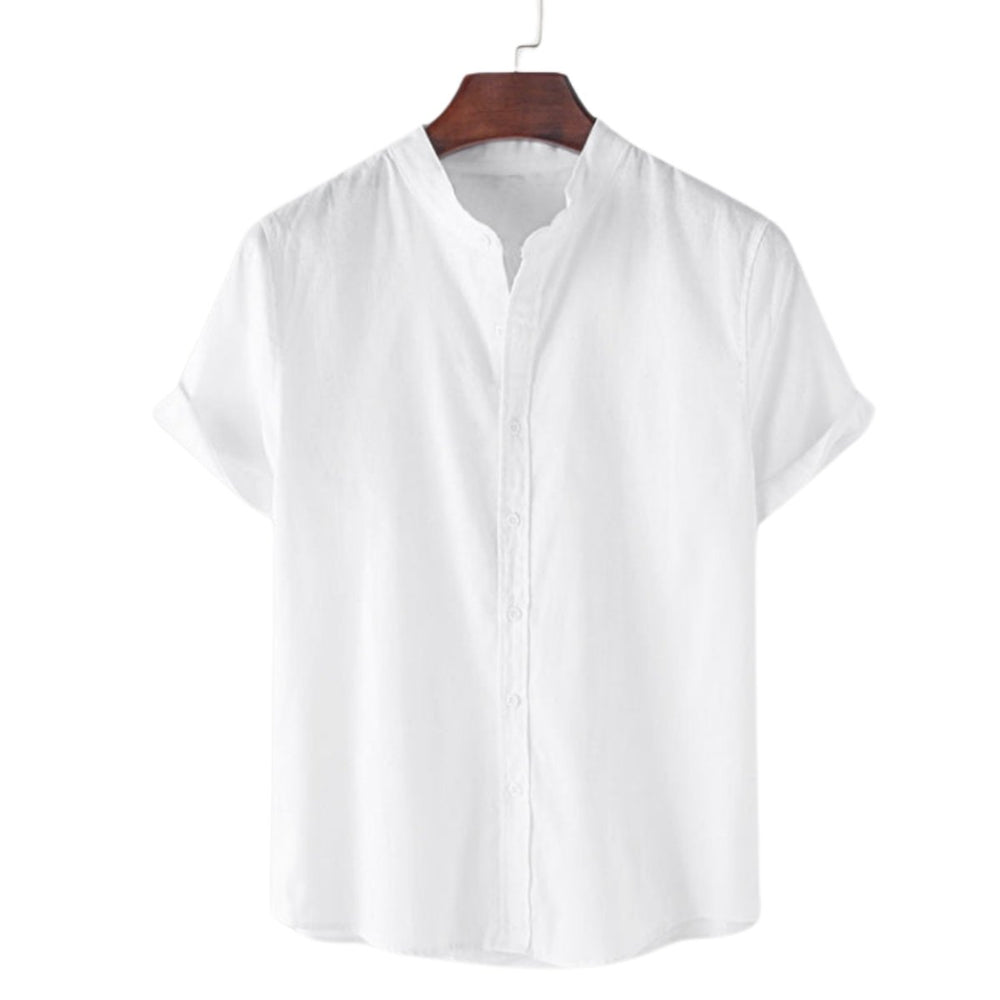 Men's Cotton Band-Collar Short-Sleeve Button-Up Shirt