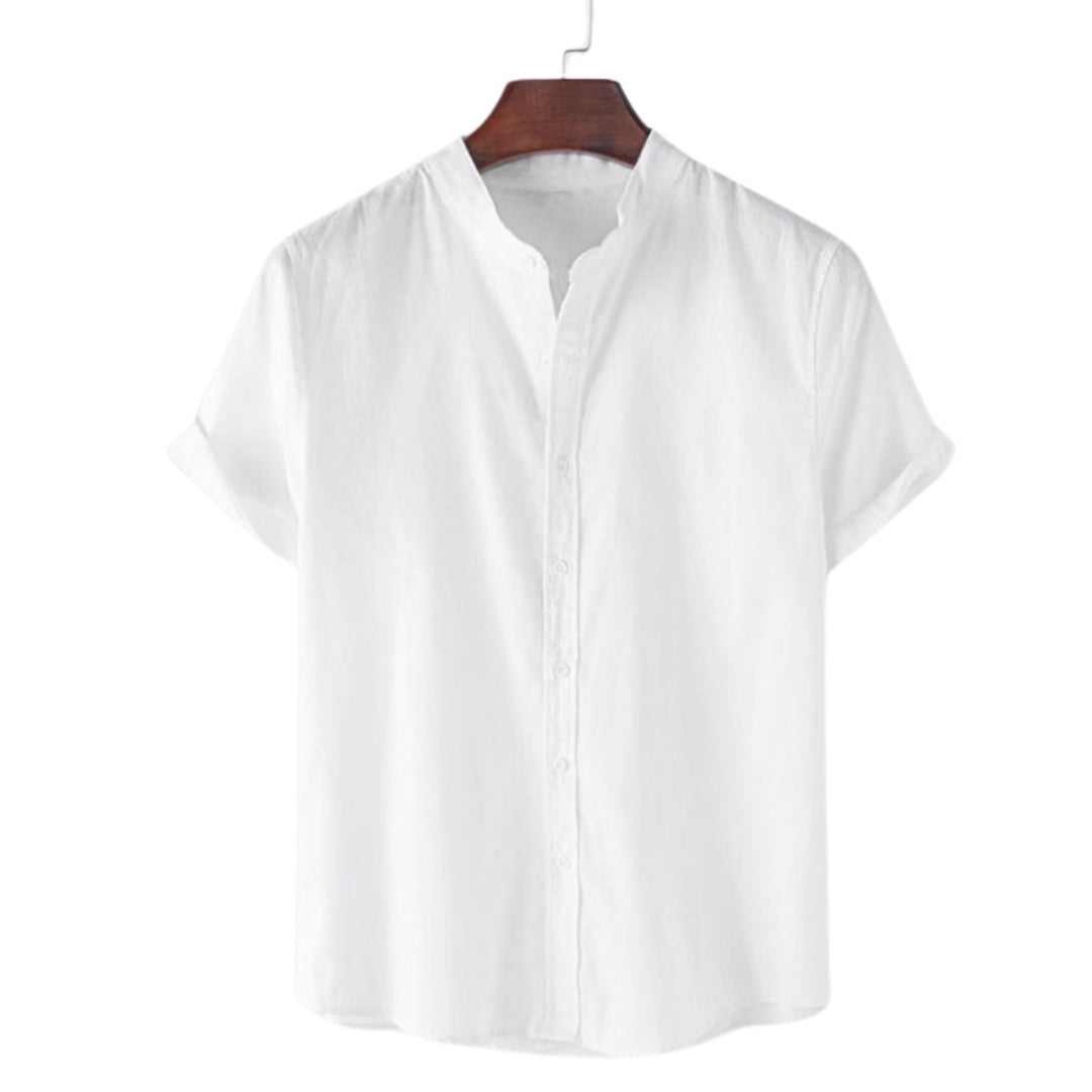 Men's Cotton Band-Collar Short-Sleeve Button-Up Shirt